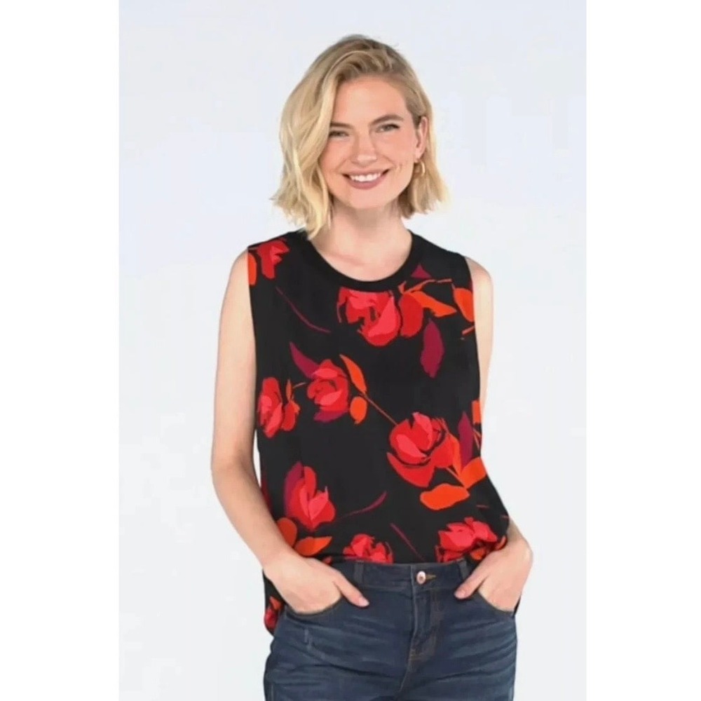 Women's XL CAbi #4552 Black Floral Sleeveless Complete Blouse tank Top. EUC.